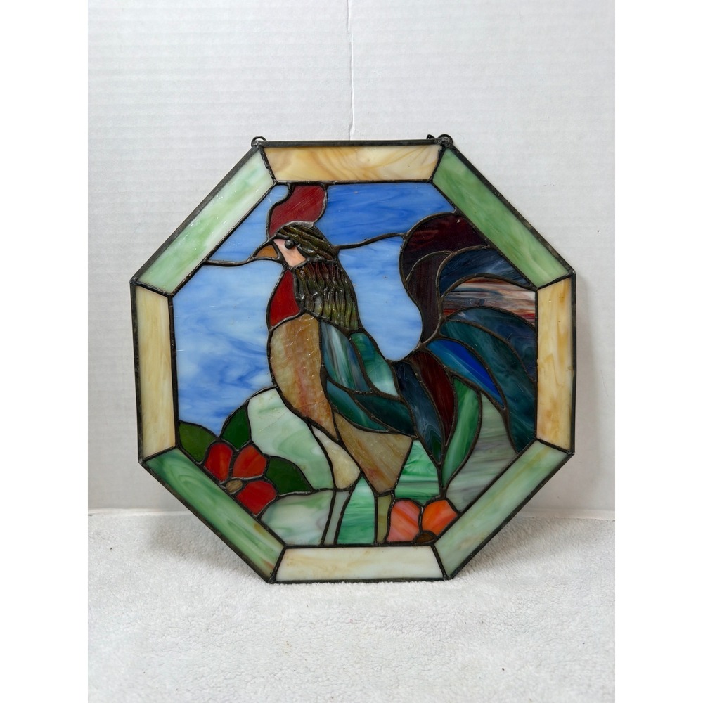 VTG Stained Glass Suncatcher Multicolor Rooster Octagon Farmhouse Cottagecore
